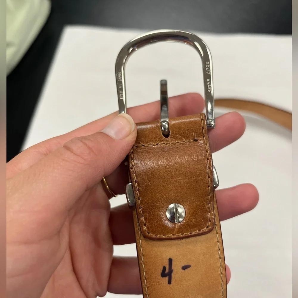 A & D Milano Tan Italian Leather Belt with Solid Brass Silver Tone Hardware 45